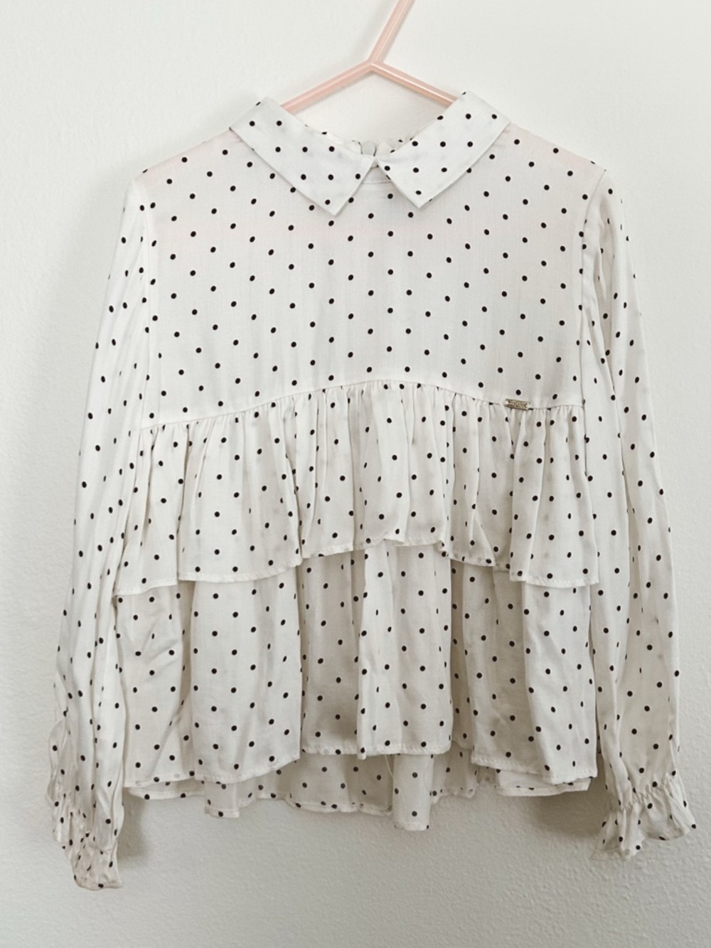 Girls Mayoral White Blouse with Black Polka Dots and Tiered Ruffles
